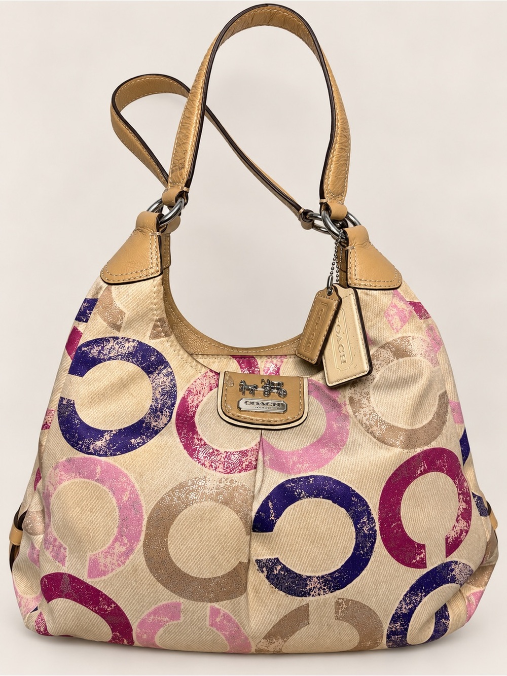 Coach Signature Circle Print Shoulder Bag Multicolor Metallic Taupe Purple